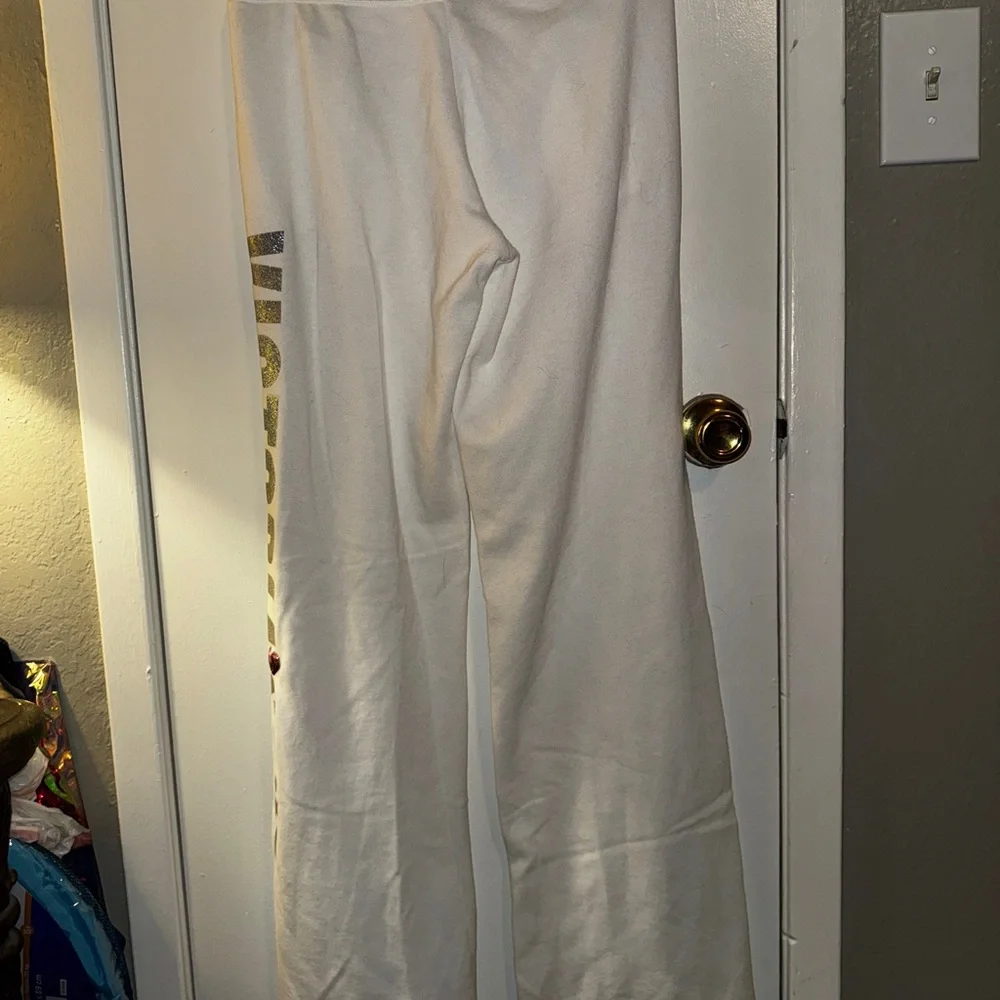 Victoria's Secret White Bell Bottom Sweatpants with Silver Glitter Logo - Picture 6 of 6